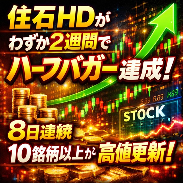 ◆住石HDがわずか2週間でハーフバガー達成!8日連続10銘柄以上が高値更新!