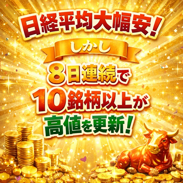 ◆日経平均、大幅安！しかし8日連続10銘柄以上が高値更新！